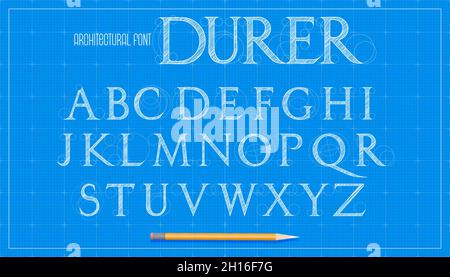 Police d'architecture BluePrint. Lettres majuscules sérif. Arrière-plan de conception de plan vectoriel d'esquisse. Illustration de Vecteur