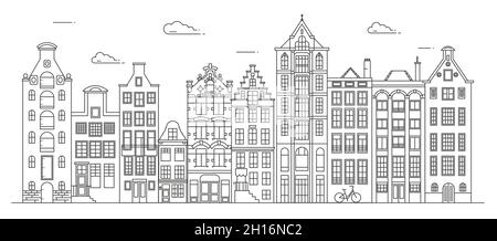 Maisons de style ancien d'Amsterdam.Maisons typiques des canaux hollandais bordées près d'un canal aux pays-Bas.Bâtiment et façades pour bannière ou affiche.Vecteur Illustration de Vecteur