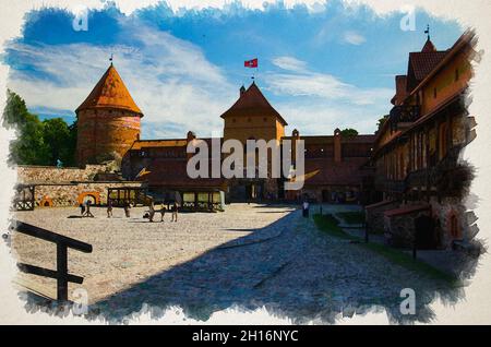Dessin aquarelle de la cour du château médiéval gothique de l'île Trakai avec des murs en pierre et des tours avec des toits de tuiles rouges dans le lac Galve, Lituanie Banque D'Images