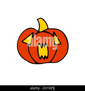 Doodle Halloween – citrouille orange effrayante.Drôle, créepy, visage souriant avec des fangs.Symbole des fêtes d'Halloween isolé sur fond blanc.Caractère Illustration de Vecteur