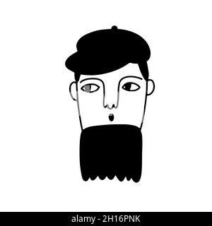 Croque-nez à barbe.Contour humain dessiné à la main isolé sur fond blanc.Avatar drôle.Dessin animé jeune homme.Mignon portrait masculin avec coiffer Illustration de Vecteur