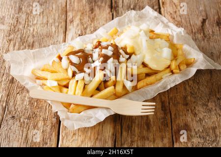 Le patatje oorlog hollandais est une combinaison savoureuse de frites, de mayonnaise, d'oignons crus et de sauce indonésienne, dans l'assiette de l'onglet Banque D'Images