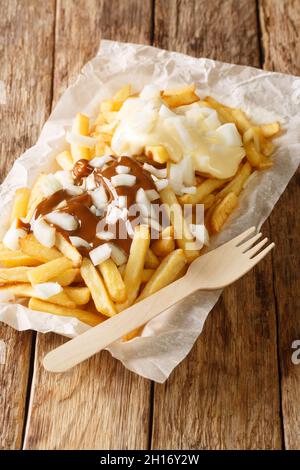 Patatje Oorlog four frites cuites avec sauce aux arachides et mayonnaise et oignons crus dans la plaque sur la table.Verticale Banque D'Images