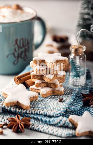 Biscuits aux étoiles de cannelle, zimtsterne traditionnel allemand. Banque D'Images