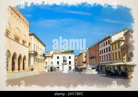 Dessin aquarelle de l'ancien bâtiment et maisons multicolores et du monument du Pape Paul V sur la place Piazza Cavour dans le centre historique de Rimini Banque D'Images