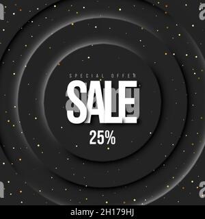 Solde 25 % de réduction sur fond noir.Contexte des ventes .Formes rondes noires avec ombre. Illustration de Vecteur
