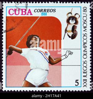 CUBA - VERS 1980 : un timbre imprimé à Cuba montre Javelin, Jeux olympiques d'été de 1980, Moscou, vers 1980 Banque D'Images