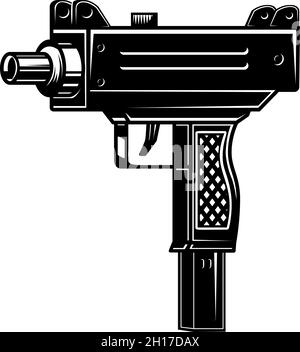 Illustration du pistolet uzi automatique de style monochrome. Élément de conception pour logo, étiquette, affiche, affiche. Illustration vectorielle Illustration de Vecteur