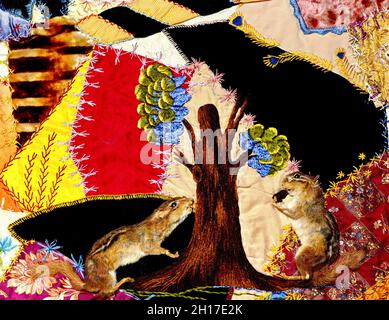 American Quilting Art - Chipmunk and Bird Crazy Quilt - Mme David McWilliams - 1882 Banque D'Images