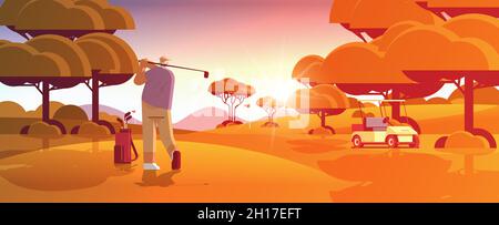 homme senior jouant au golf sur un parcours de golf vert ensoleillé joueur âgé prenant un tir actif vieux concept Illustration de Vecteur