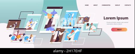 chercheurs arabes travaillant avec des tubes à essai dans des fenêtres de navigateur web scientifiques faisant des expériences chimiques en laboratoire Illustration de Vecteur