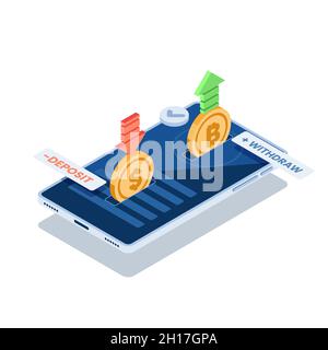 Flat 3d Isométrique échangeant de la monnaie en dollar et de la crypto-monnaie en Bitcoin dans une application pour smartphone.Concept de la plateforme d'échange de crypto-monnaie. Illustration de Vecteur