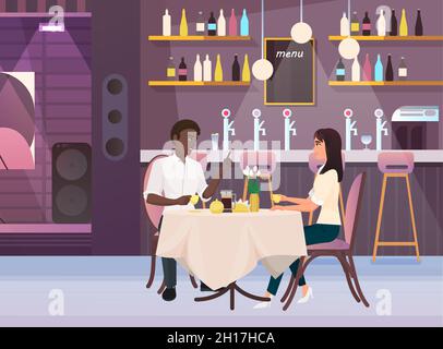 Couple dînant au restaurant, les amoureux de différentes races déjeunent. Concept de multiculturalisme et de diversité, image vectorielle plate Illustration de Vecteur