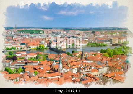 Dessin aquarelle de Top vue panoramique aérienne du centre-ville historique de Prague avec des bâtiments de toit en tuiles rouges dans la petite et la vieille ville, le pont Charles Banque D'Images