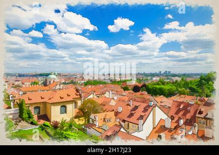 Dessin aquarelle de Top vue panoramique aérienne du centre-ville historique de Prague avec des bâtiments de toit en tuiles rouges dans la petite ville et la vieille ville de Mala Strana Banque D'Images