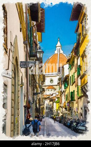 Dessin aquarelle du Dôme de Florence, Cattedrale di Santa Maria del Fiore, Basilique de Sainte Marie de la Cathédrale de fleurs, vue de la rue étroite Banque D'Images