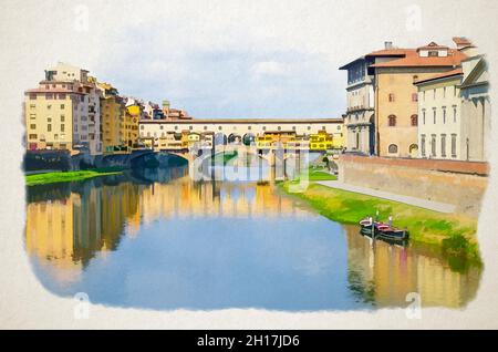 Dessin aquarelle du pont Ponte Vecchio avec des maisons colorées sur le bleu de la rivière Arno reflétant l'eau et les bateaux près de la rive de la rivière dans historique Banque D'Images