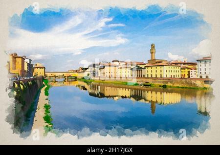 Dessin aquarelle du pont Ponte Vecchio avec des maisons colorées au-dessus de la rivière Arno bleu reflétant l'eau et la promenade de remblai à historica Banque D'Images