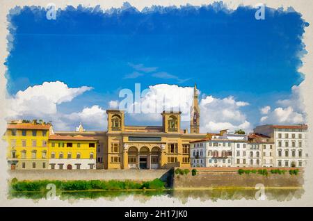 Dessin aquarelle de la Bibliothèque nationale Nazionale Centrale di Firenze et des bâtiments sur la promenade en remblai de la rivière Arno dans le centre historique Banque D'Images