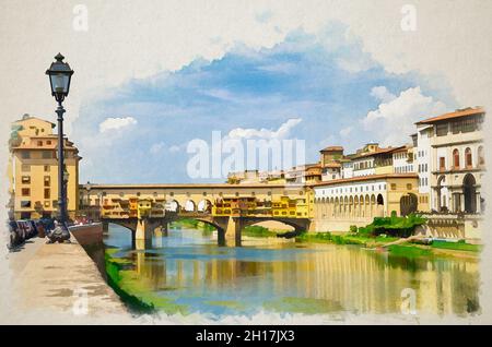 Dessin aquarelle du pont de pierre Ponte Vecchio avec des maisons colorées au-dessus de la rivière Arno bleu reflétant l'eau et la promenade de remblai dans son Banque D'Images