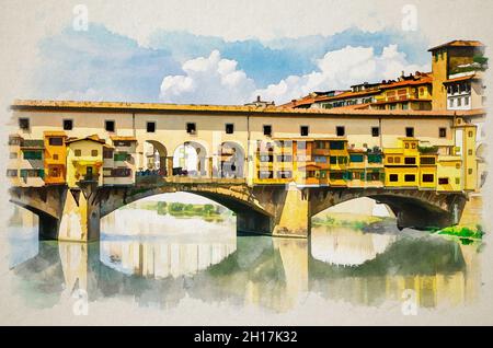 Dessin aquarelle du pont de pierre Ponte Vecchio avec des maisons colorées sur le bleu de la rivière Arno reflétant l'eau dans le centre historique de Florenc Banque D'Images