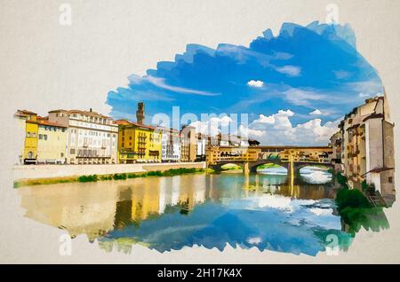 Dessin aquarelle du pont de pierre Ponte Vecchio avec des bâtiments colorés maisons au-dessus de la rivière Arno bleu eau turquoise et promenade de remblai dans le hist Banque D'Images