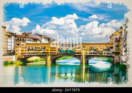 Dessin aquarelle du pont de pierre Ponte Vecchio avec des bâtiments colorés maisons au-dessus de la rivière Arno bleu eau turquoise et promenade de remblai dans le hist Banque D'Images