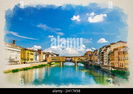 Dessin aquarelle du pont de pierre Ponte Vecchio avec des bâtiments colorés maisons au-dessus de la rivière Arno bleu eau turquoise et promenade de remblai dans le hist Banque D'Images