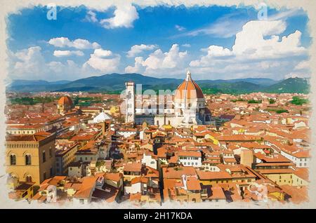 Dessin aquarelle de Top vue panoramique aérienne de Florence avec Duomo Cattedrale di Santa Maria del Fiore cathédrale, bâtiments maisons avec orang Banque D'Images