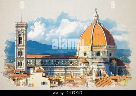 Dessin aquarelle de Top vue panoramique aérienne de Florence avec Duomo Cattedrale di Santa Maria del Fiore cathédrale, bâtiments maisons avec orang Banque D'Images