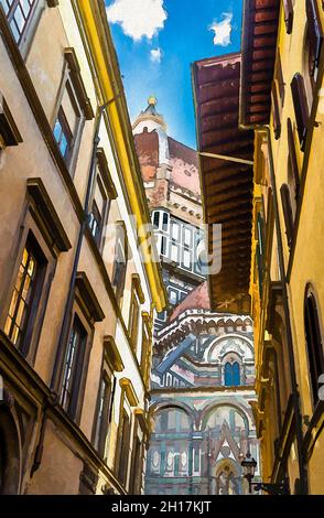 Dessin aquarelle du Dôme de Florence, Cattedrale di Santa Maria del Fiore, Basilique de Sainte Marie de la Cathédrale de fleurs, bâtiments sur étroit Banque D'Images