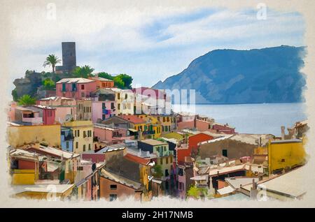 Dessin aquarelle du village traditionnel italien de Vernazza dans le parc national des Cinque Terre avec des maisons multicolores colorées et le Castello Doria Banque D'Images