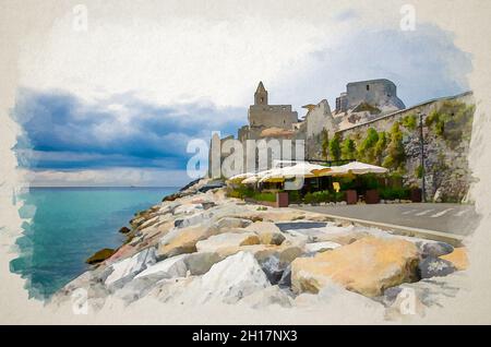 Dessin aquarelle de l'église catholique Chiesa San Pietro, parc naturel Lord Byron Parque, vieux murs en pierre de la ville de Portovenere et promenade qua Banque D'Images