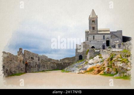 Dessin aquarelle de l'église catholique Chiesa San Pietro, du parc naturel Lord Byron Parque et des vieux murs en pierre de la ville de Portovenere, ciel bleu dos Banque D'Images