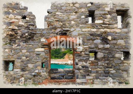 Dessin aquarelle de ruines en pierre de brique ancien mur médiéval avec fenêtres et arche de porte dans la ville de Portovenere, vue sur l'île de Palmaria, la mer Ligurienne, RI Banque D'Images