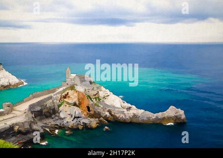 Dessin aquarelle de l'église catholique Chiesa San Pietro, Lord Byron Parque Parc naturel ville de Portovenere sur pierre, eaux turquoise de Ligurie Banque D'Images