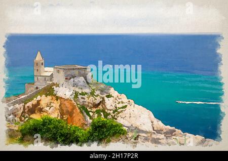 Dessin aquarelle de l'église catholique Chiesa San Pietro, Lord Byron Parque Parc naturel de la ville de Portovenere sur pierre, yachts sur l'eau turquoise L Banque D'Images