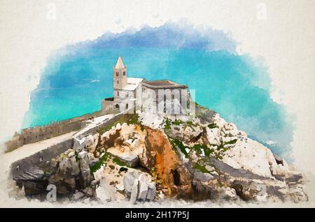 Dessin aquarelle de l'église catholique Chiesa San Pietro, Lord Byron Parque Parc naturel de la ville de Portovenere sur roche de falaise en pierre, eau turquoise de Li Banque D'Images