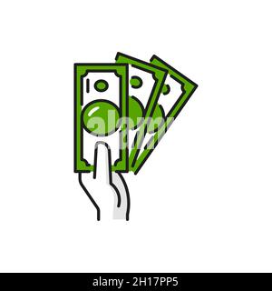 Billets papier en main, paiements d'argent et ligne fixe de revenus.Organisme de bienfaisance et prêt vectoriel, devise et dette, bénéfices d'entreprise, investissement.Factures de financement, Illustration de Vecteur