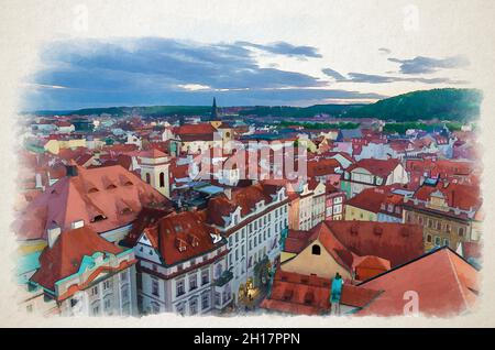 Dessin aquarelle de Top vue panoramique aérienne de la vieille ville de Prague Stare Mesto centre-ville historique avec des bâtiments de toit en tuiles rouges et colline Petrin ga Banque D'Images