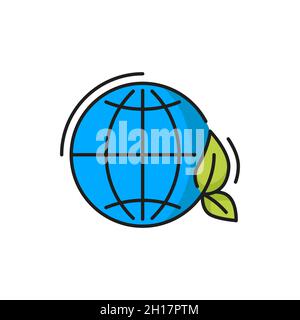 Planète Terre avec environnement propre Ecologie du monde isolée, nature global protéger signe mince icône de ligne.Globe bleu vectoriel et feuille verte, environnement écologique Illustration de Vecteur