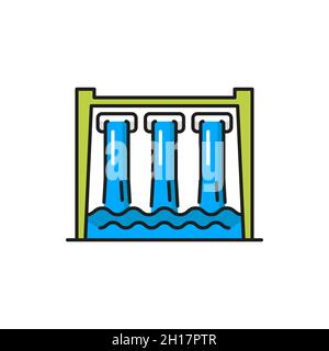 Icône de la ligne de couleur isolée des sources d'énergie du barrage hydro-électrique.La barrière vectorielle arrête ou limite le débit des cours d'eau souterrains.Irrigation, consommation Illustration de Vecteur