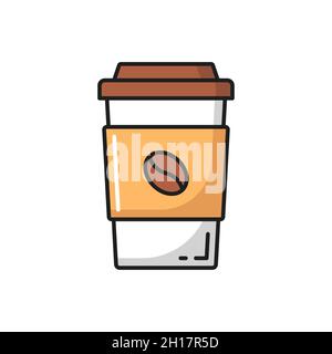 Tasse à café en papier avec couvercle et icône en forme de grain plat.Tasse de thé ou de cacao jetable Vector avec couvercle, forfait boissons chaudes.Boisson fastfood à emporter, à emporter Illustration de Vecteur