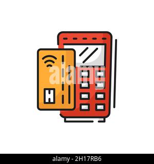 Paiements pour livraison rapide de nourriture par pos terminal ligne isolée icône.Transaction électronique vectorielle, paiement express alimentaire à emporter.Paiement des achats dans Illustration de Vecteur