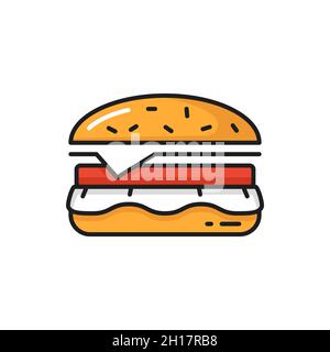 Hamburger fastfood snack livraison de nourriture icône isolée.Cheeseburger vectoriel ou hamburger savoureux avec de la viande hachée, du fromage et des légumes.Plats à emporter Illustration de Vecteur