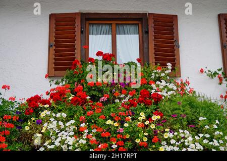 Une maison allemande rustique traditionnelle avec des géraniums dans le village bavarois de Garmisch-Partenkirchen (Bavière, Allemagne) Banque D'Images