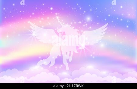 Silhouette d'une licorne avec des ailes sur un fond de ciel arc-en-ciel avec des étoiles.Illustration vectorielle pour les enfants. Illustration de Vecteur