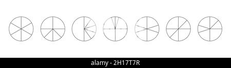 Cercles de contour séparés en 6 segments isolés sur fond blanc.Formes rondes de tarte ou de pizza coupées en six tranches différentes.Exemples simples d'infographie statistique.Illustration linéaire vectorielle. Illustration de Vecteur