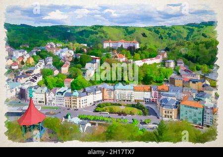 Dessin aquarelle de Karlovy Vary Karlsbad centre-ville historique vue aérienne supérieure, beaux bâtiments colorés, collines de la forêt de Slavkov avec arbre vert Banque D'Images