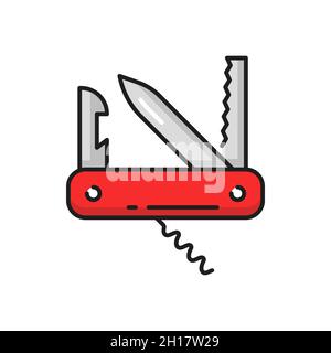 Couteau de poche suisse pliable avec lames ouvertes, icône de ligne isolée.Couteau à lame rétractable multi-outils avec ouvreur et vis, instrument multifonction, campin Illustration de Vecteur